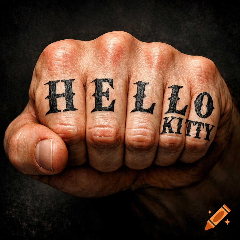 Close-up of a clenched fist with the words "HELLO KITTY" tattooed in black letters across the knuckles against a dark background.