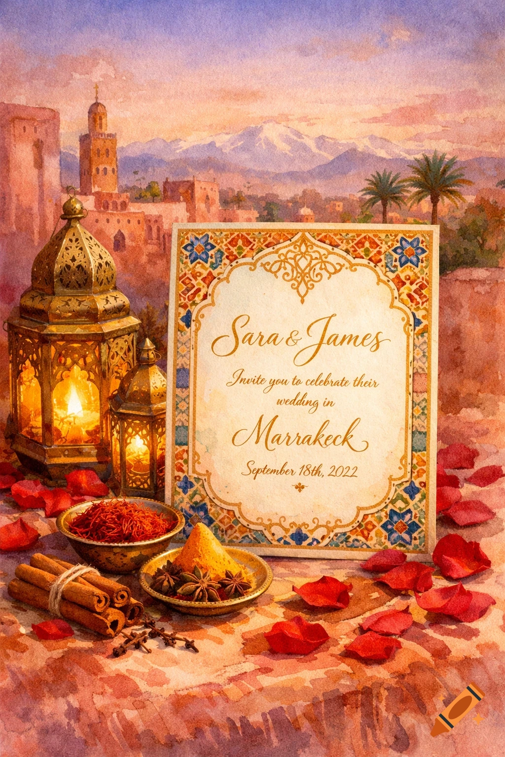 A watercolor painting of a Moroccan-style wedding invitation, surrounded by lit lanterns, spices, and rose petals, with a cityscape and mountains in the background.