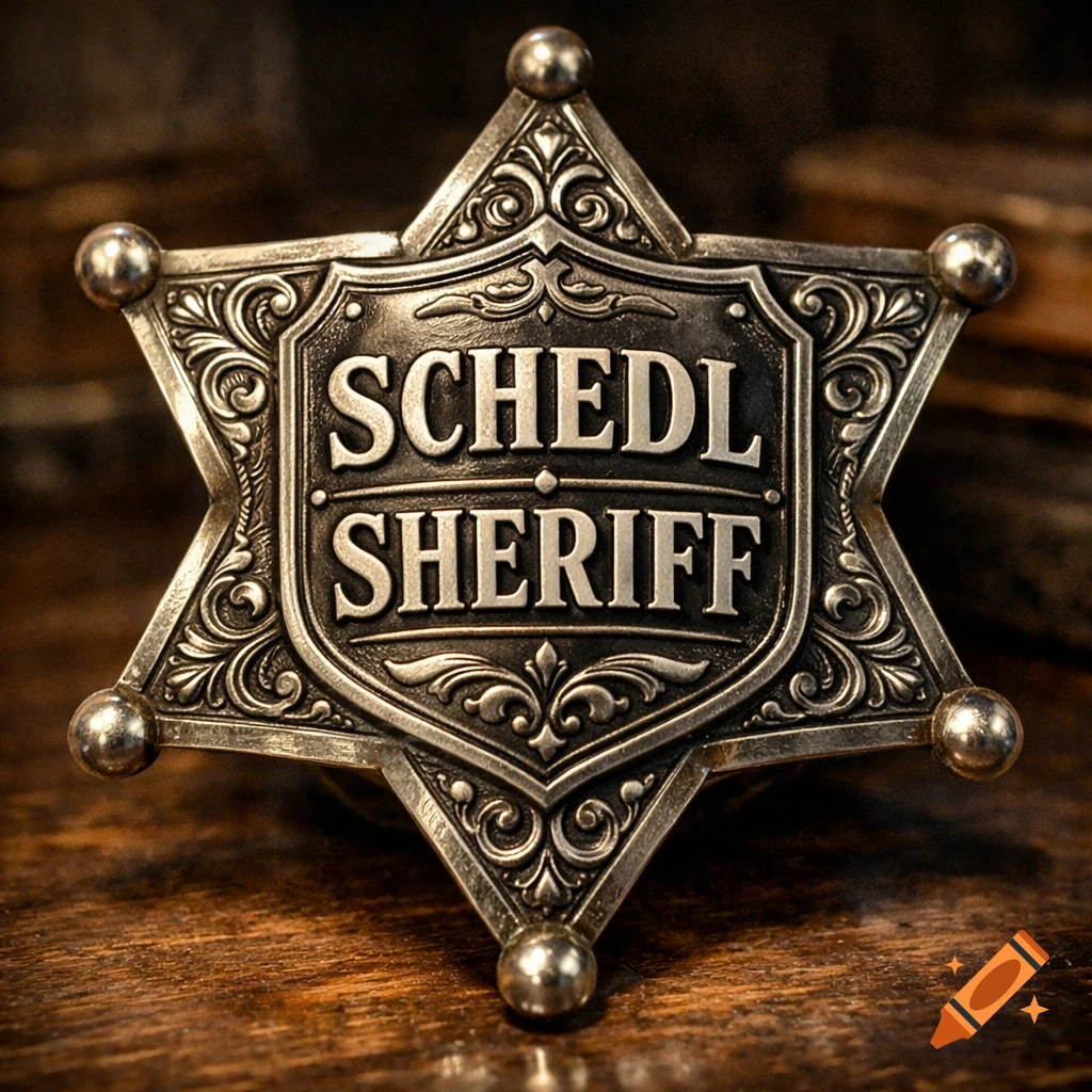 A detailed, ornate silver sheriff's badge with "SCHEDL SHERIFF" engraved on a central shield, resting on a wooden surface.