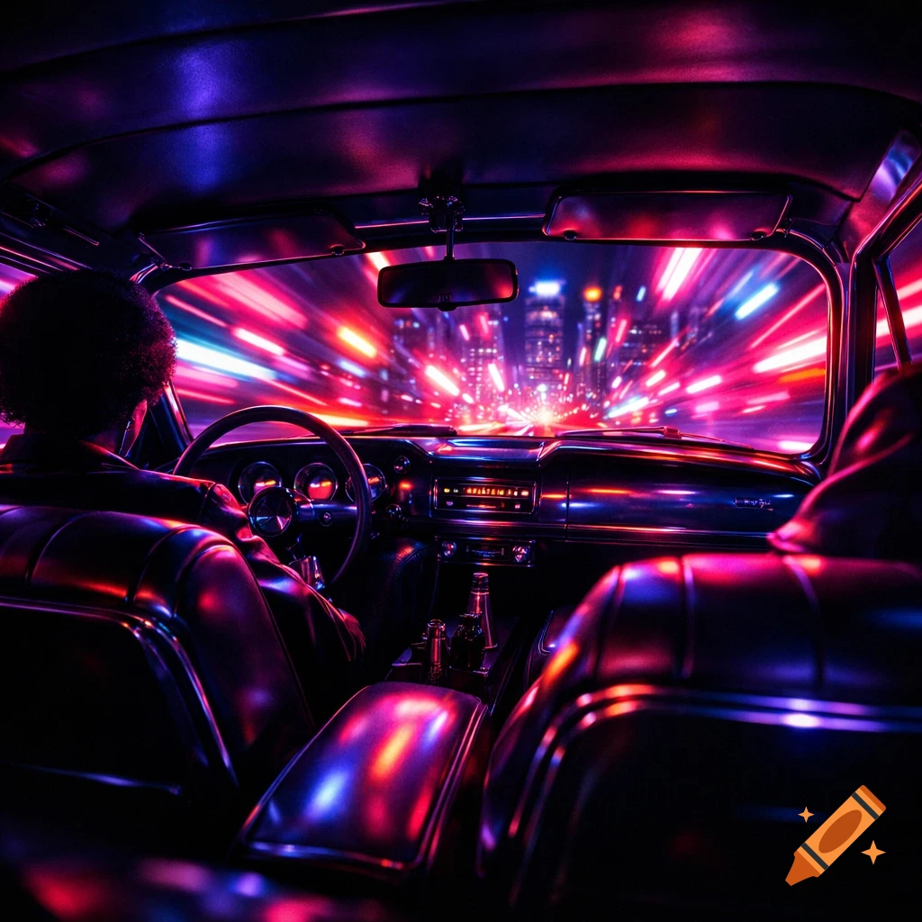 POV from a car's backseat at night, driver's back visible, dashboard reflecting vibrant pink and blue neon light trails from a city ahead, dynamic motion blur.