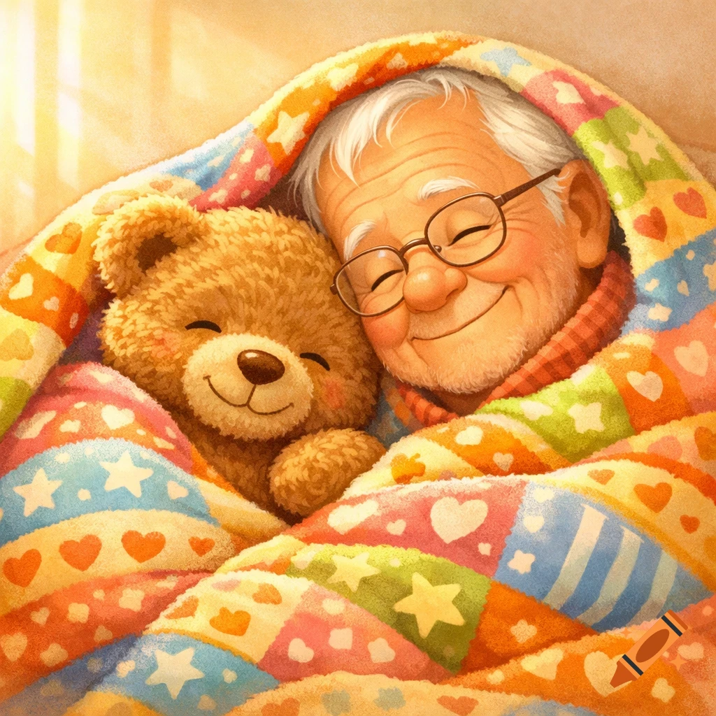 A warm cartoon illustration of a happy senior person with closed eyes snuggling with a teddy bear under a colorful patchwork blanket.