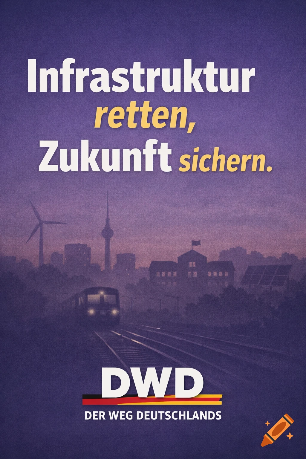 A German political poster for DWD, "Der Weg Deutschlands," with the slogan "Infrastruktur retten, Zukunft sichern" over a dark, stylized city skyline with a train.