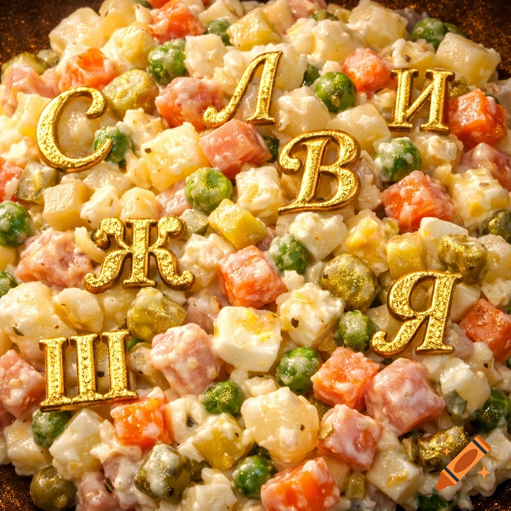 Photorealistic close-up of Olivier salad with diced potatoes, carrots, peas, and mayonnaise, topped with scattered golden Cyrillic letters.