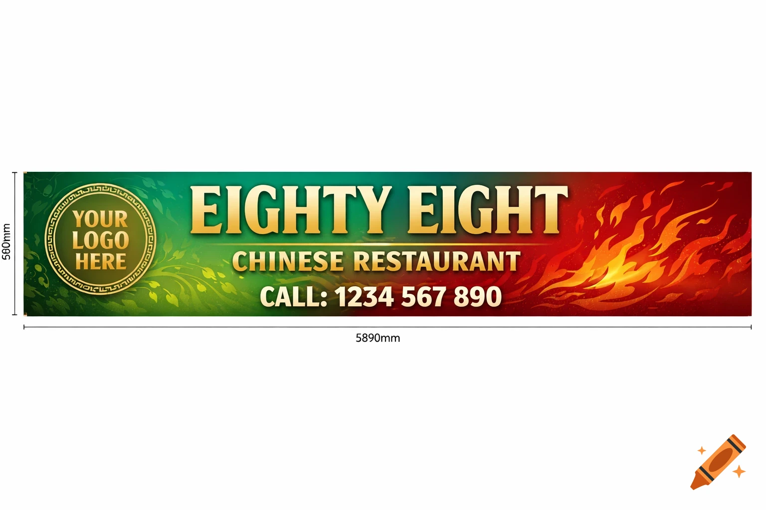 A vibrant banner for 'EIGHTY EIGHT CHINESE RESTAURANT' with a green leafy left and fiery red right, a logo placeholder, and 'CALL: 1234 567 890'.