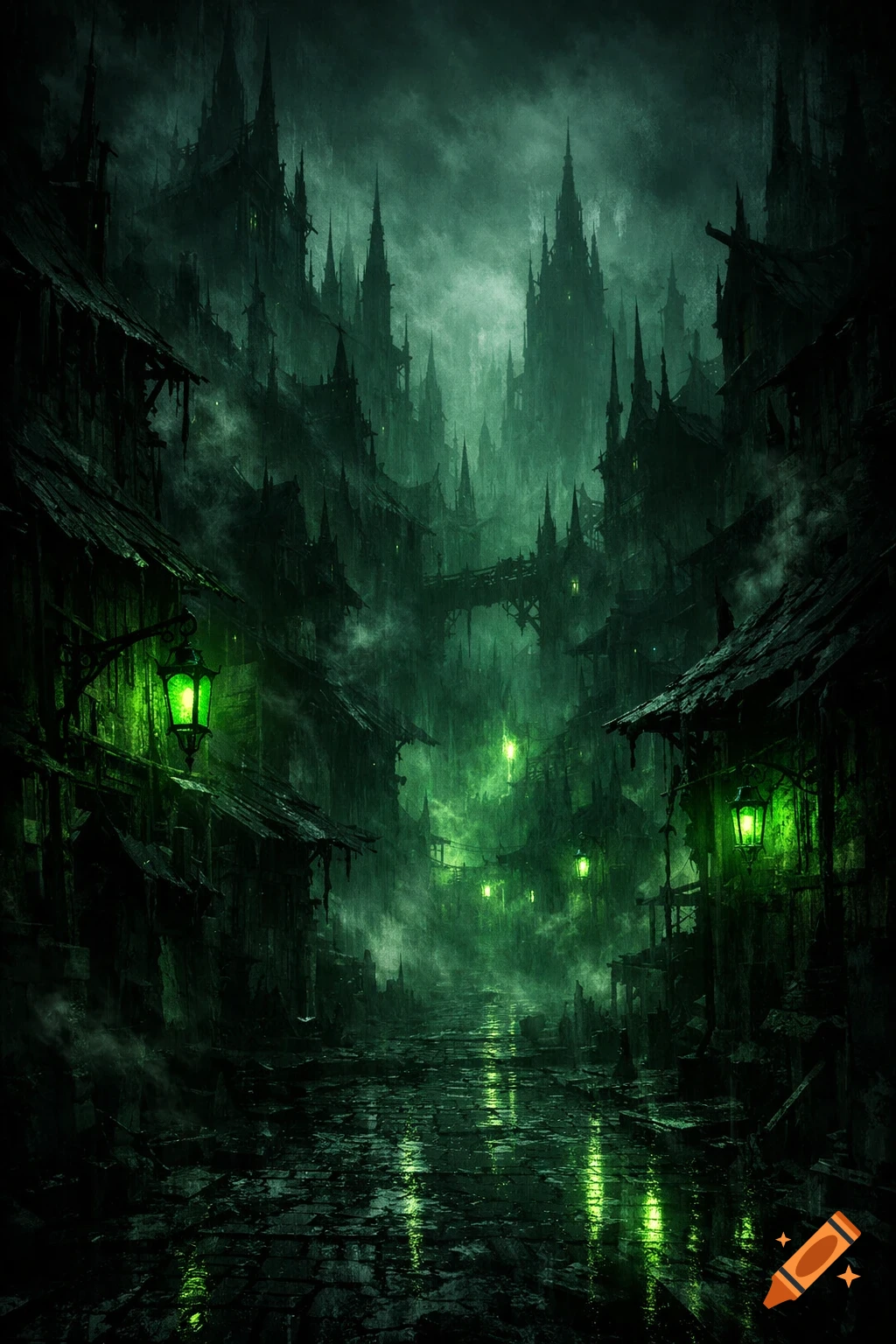 A dark fantasy cityscape with gothic architecture, towering spires, and narrow, wet streets lit by glowing green lanterns and mist.