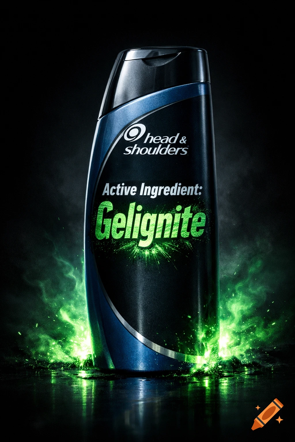 A dark blue Head & Shoulders shampoo bottle, labeled with 'Active Ingredient: Gelignite', glows with green energy on a dark, reflective surface.