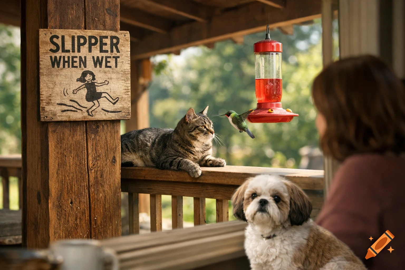 A tabby cat watches a hummingbird by a feeder on a patio with a "Slipper When Wet" sign. A Shih Tzu sits in the foreground.