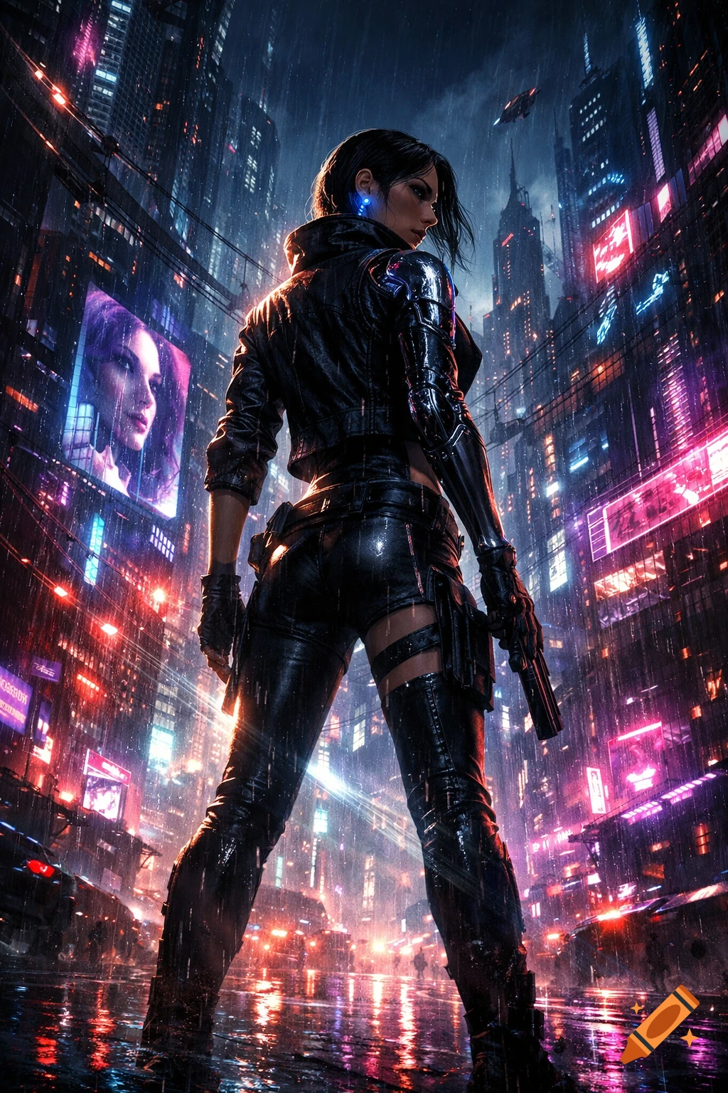 A female character in a leather jacket and boots stands in a rainy, neon-lit cyberpunk city, holding a gun.