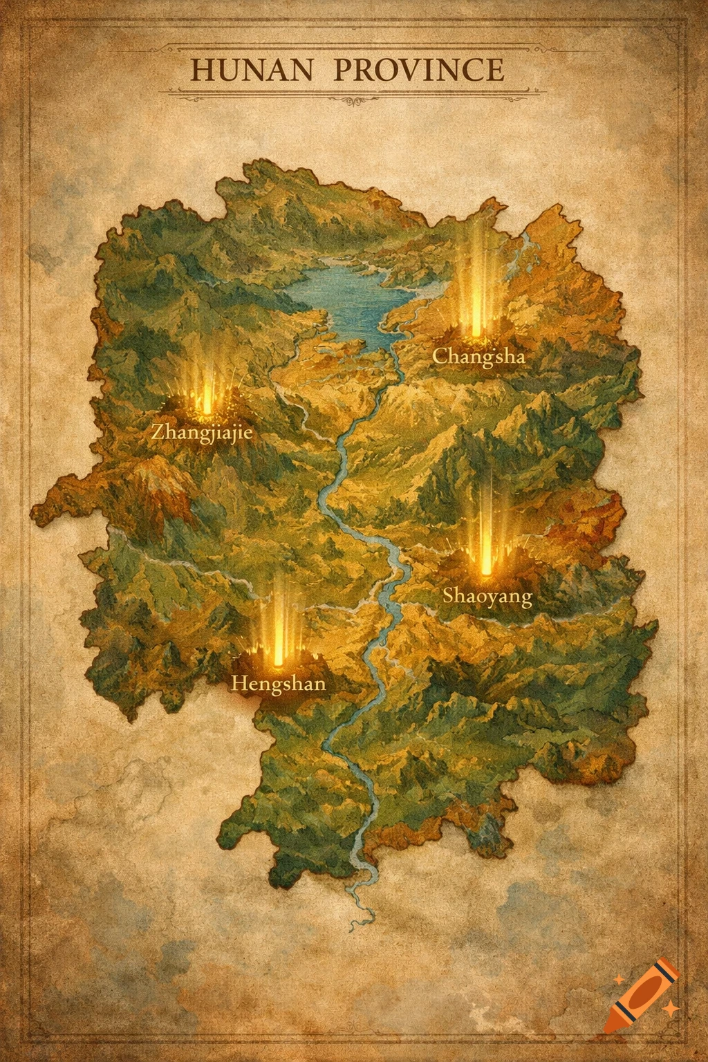 Stylized map of Hunan Province with glowing cities Changsha, Zhangjiajie, Shaoyang, and Hengshan.