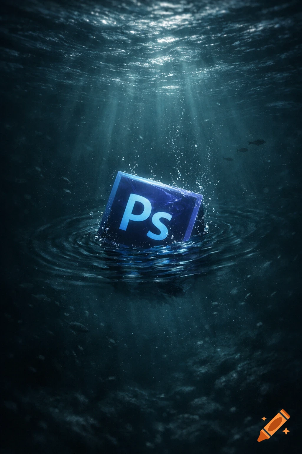 The Adobe Photoshop 'Ps' logo cube sinks into a dark ocean, with light rays filtering from the surface and bubbles rising.