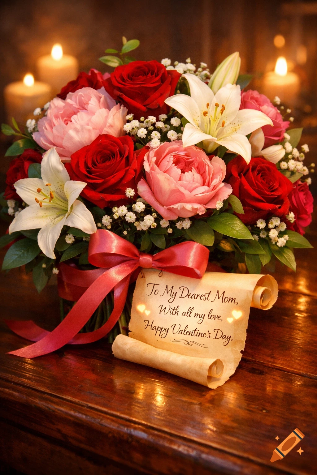 A vibrant bouquet of red roses, pink peonies, and white lilies with baby's breath, tied with a red ribbon. A scroll with "To My Dearest Mom, With all my love, Happy Valentine's Day," rests on a wooden table, with candles softly glowing in the background.