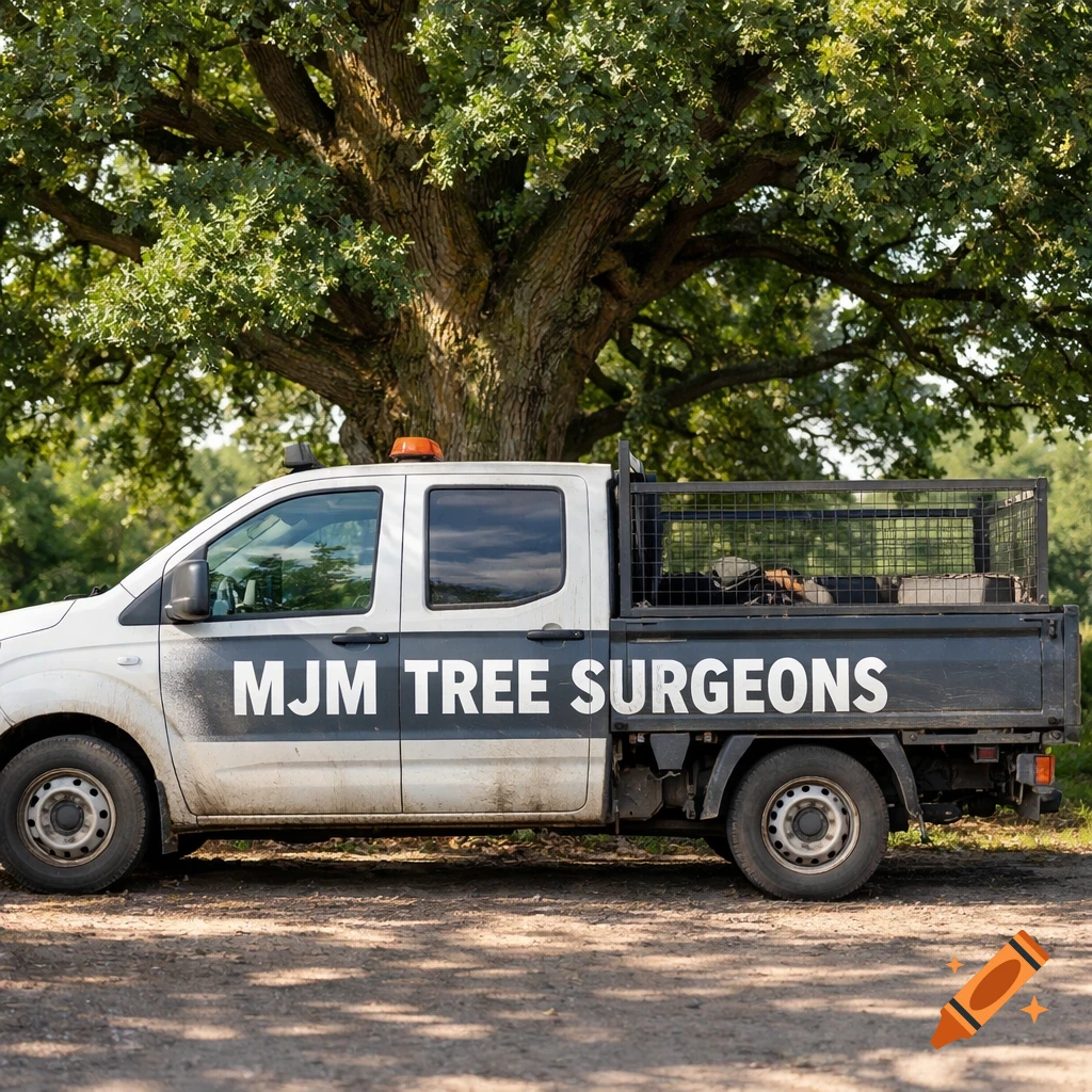 A white and grey pickup truck with 'MJM TREE SURGEONS' on its side is parked under a large tree.