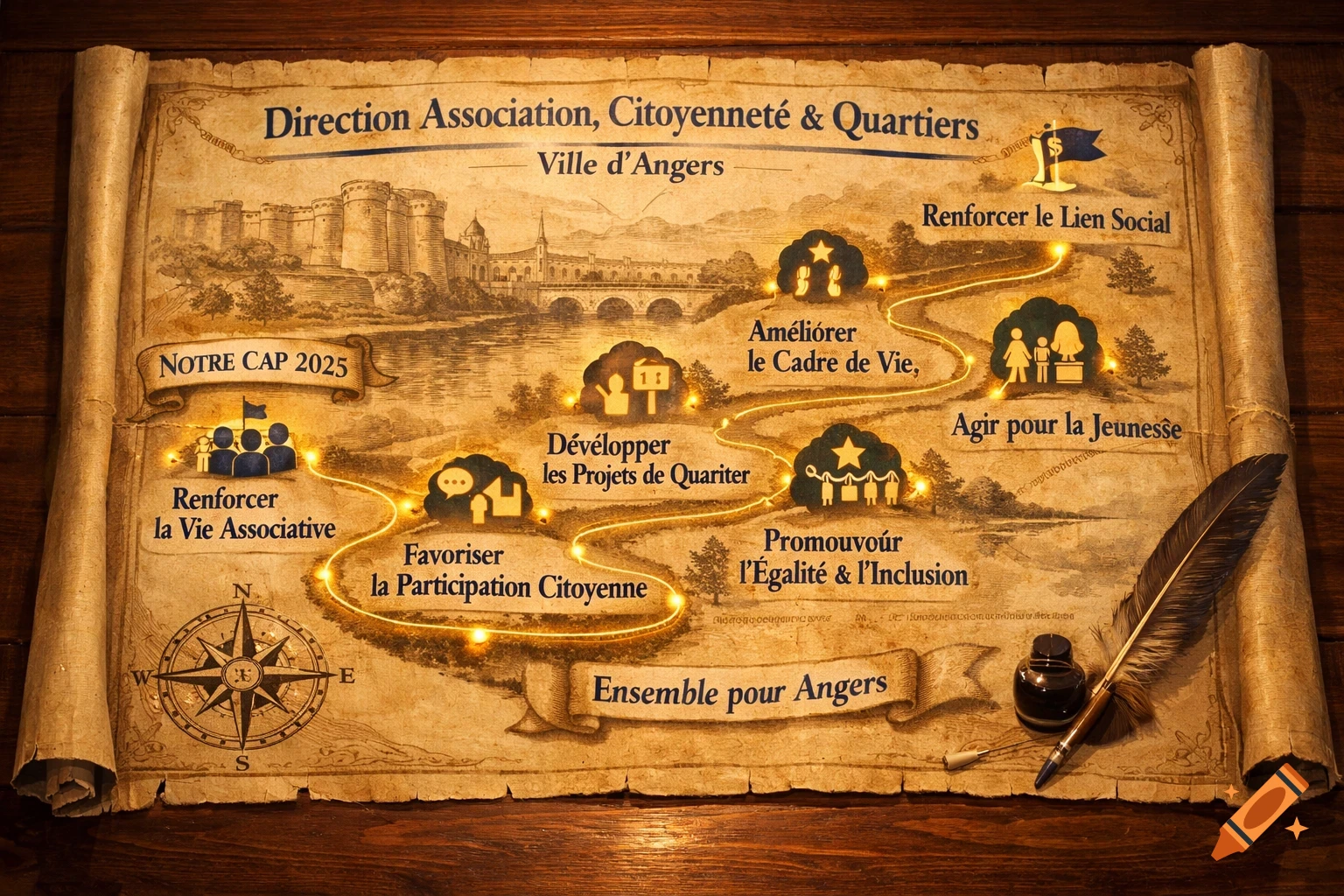 A vintage-style scroll serving as a roadmap for the city of Angers, France, featuring an old map of the city, various civic icons, and a quill and ink bottle.