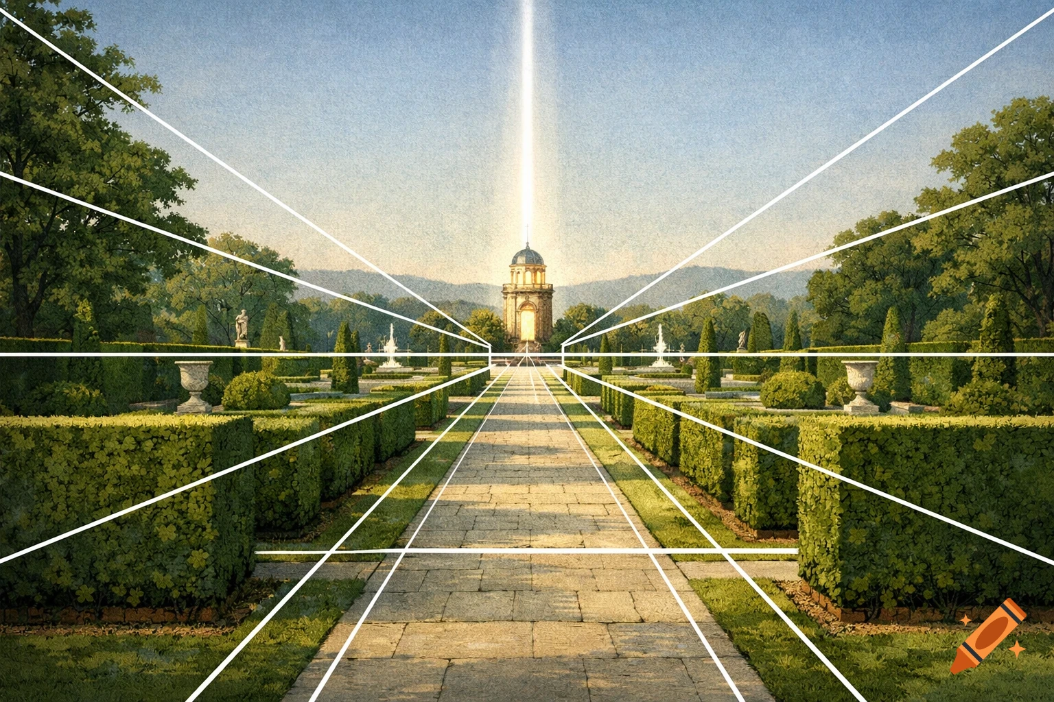 Elegant garden vista with a path leading to a folly tower, overlaid with white linear perspective lines converging on the illuminated tower.