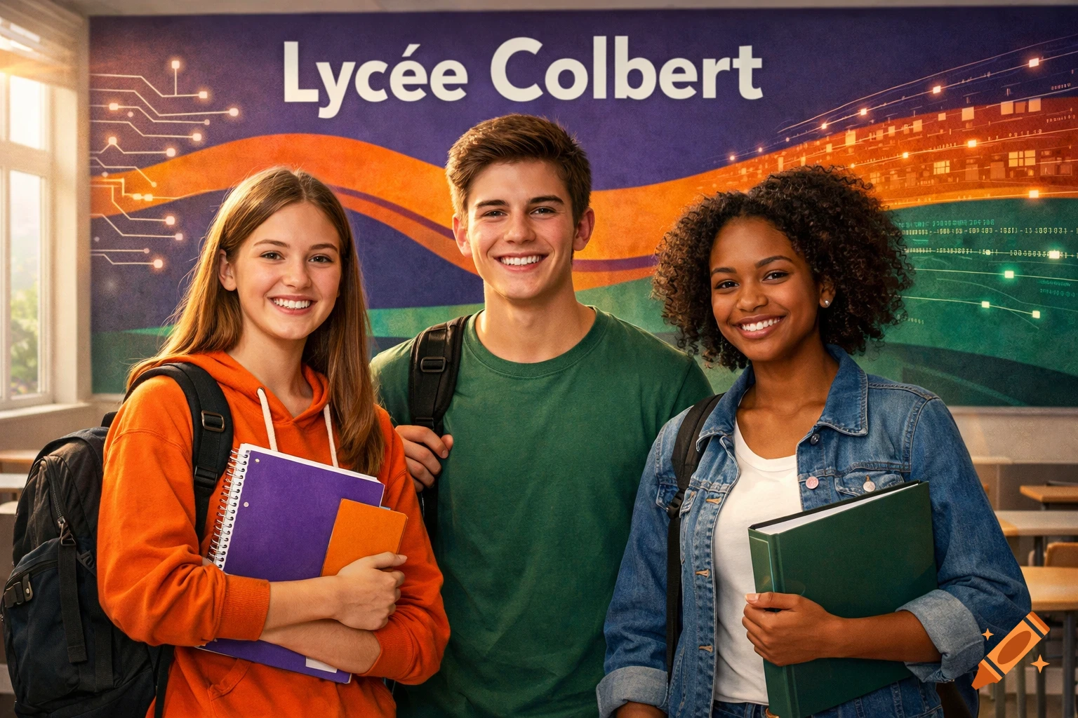 Three smiling diverse students, two girls and one boy, stand with backpacks and books in a classroom with 'Lycée Colbert' on the wall.