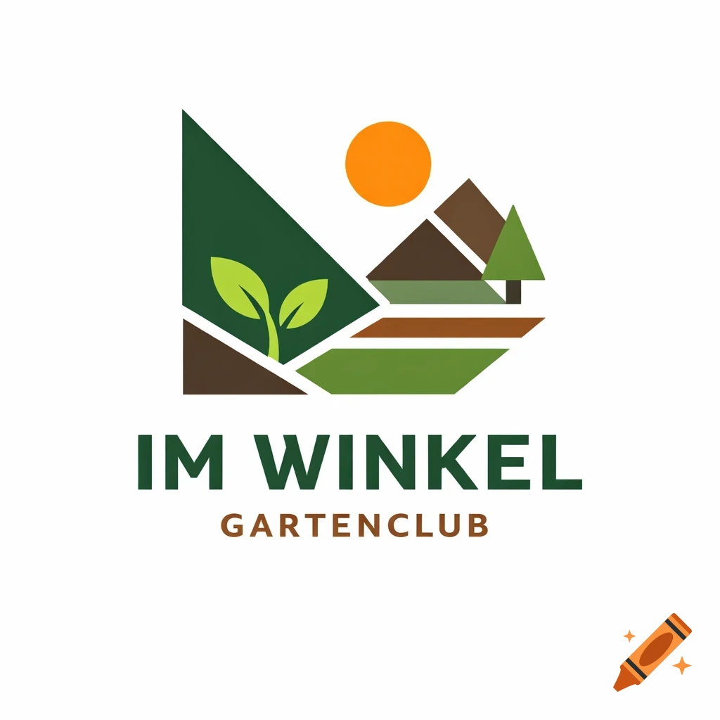 Geometric logo for Im Winkel Gartenclub with green mountains, sun, tree, and a sprouting plant.
