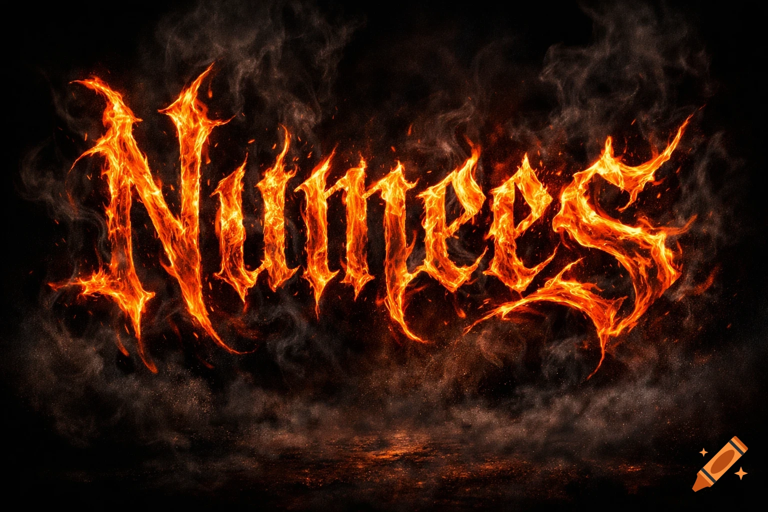The word 'Numees' rendered in a fiery, gothic-style script, surrounded by smoke and embers on a dark background.