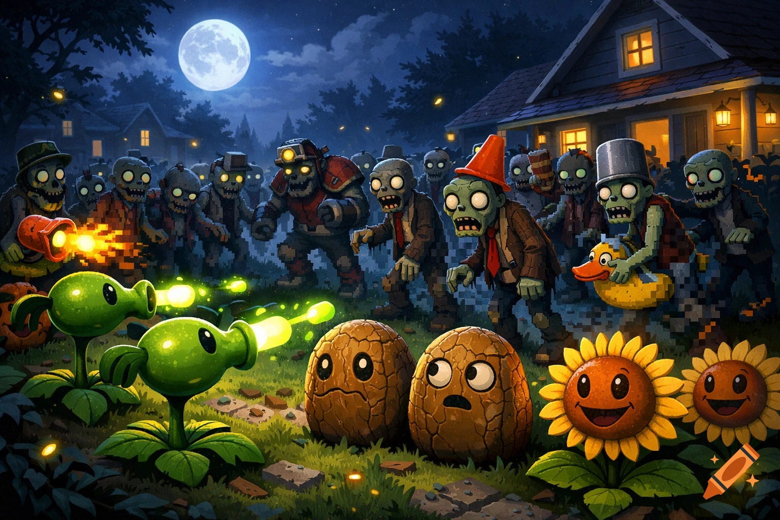Cartoon 'Plants vs. Zombies' night scene with pea shooters attacking a horde of zombies in front of a house, under a full moon.
