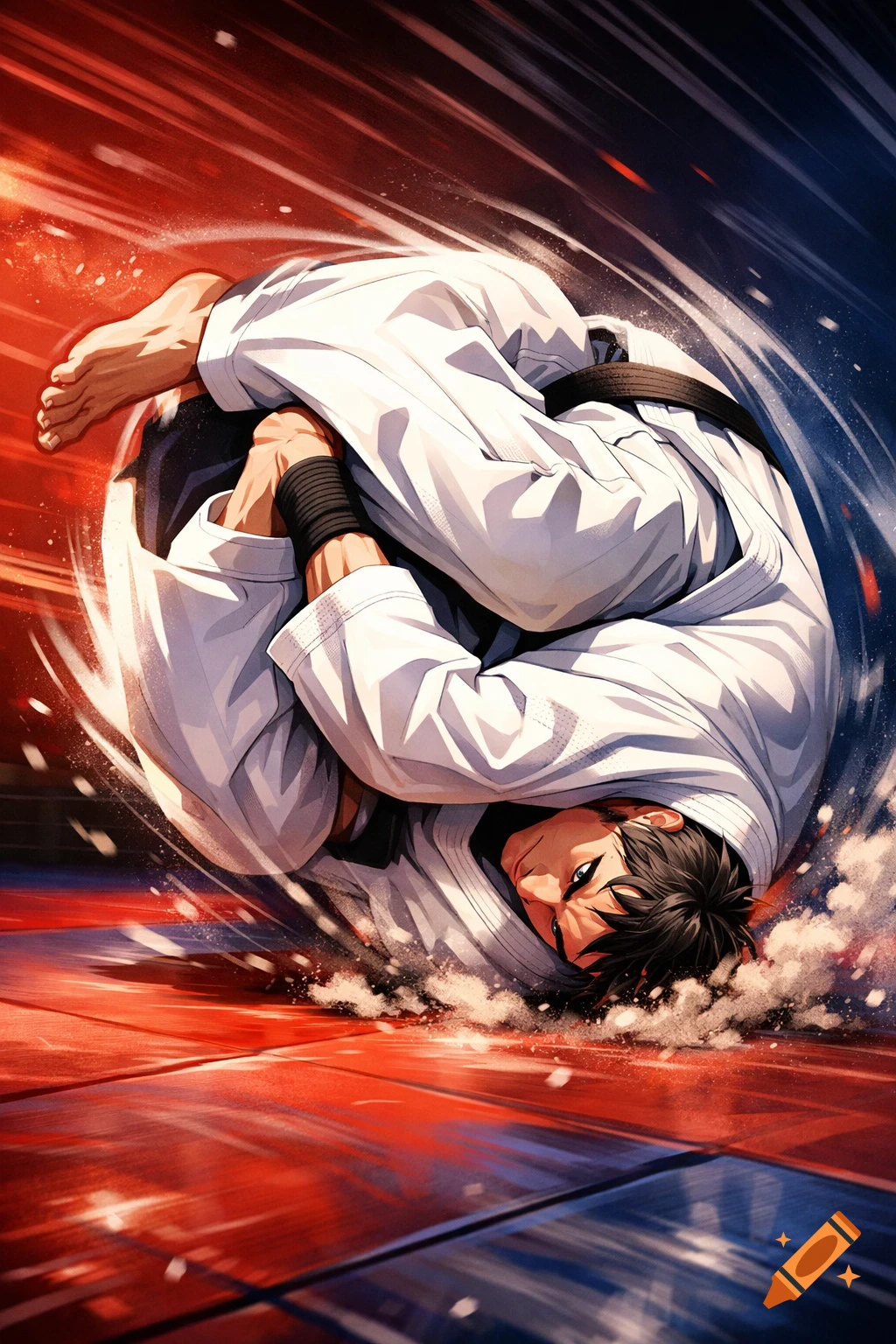 A dynamic anime-style illustration of a martial artist in a white gi performing a roll on a red and blue mat, with motion blur and energetic effects.