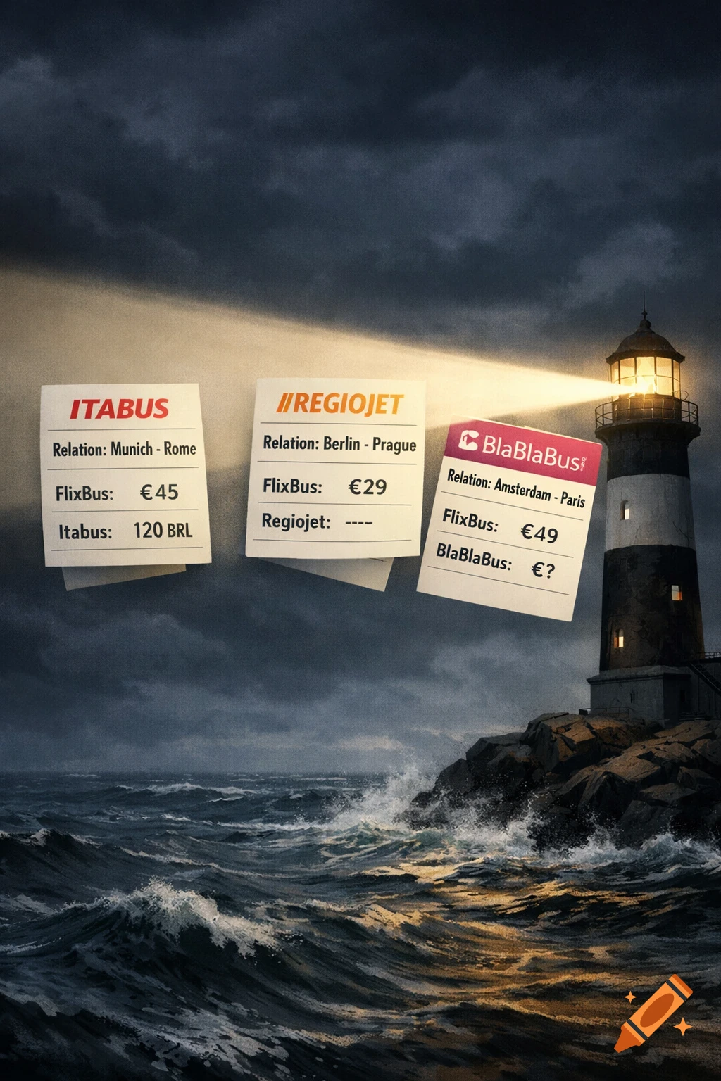 A stylized illustration of a lighthouse on a rocky coast with stormy seas and dark clouds. Three floating data cards show travel routes and prices, illuminated by the lighthouse beam.