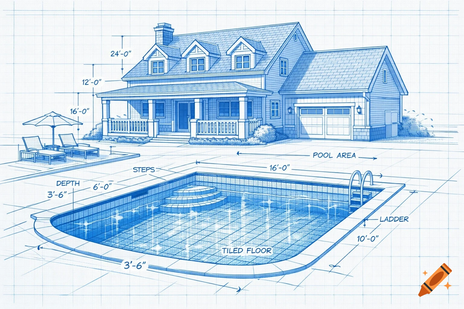 Detailed blueprint drawing of a two-story American-style house and swimming pool with measurements.