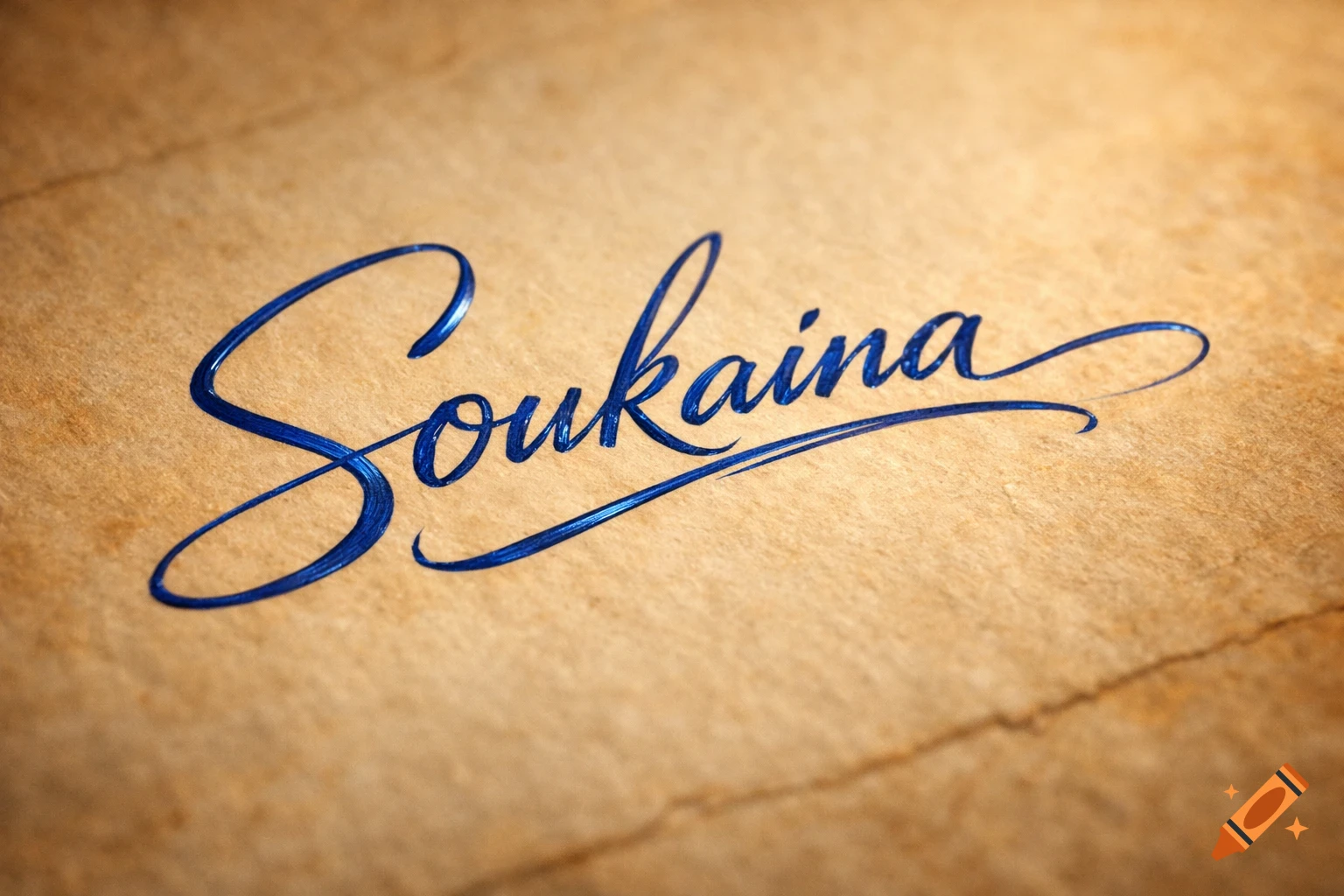 Blue script word "Soukaina" elegantly written with a pen on textured brown paper.