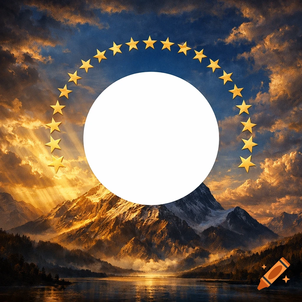 A majestic mountain landscape with a lake and a sky full of golden clouds, framed by an arc of golden stars around a white circle.