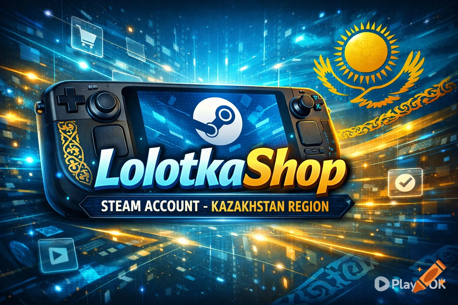 Vibrant digital advertisement for LolotkaShop showing a gaming handheld, Steam logo, Kazakhstan flag, and 'Steam Account - Kazakhstan Region' text.