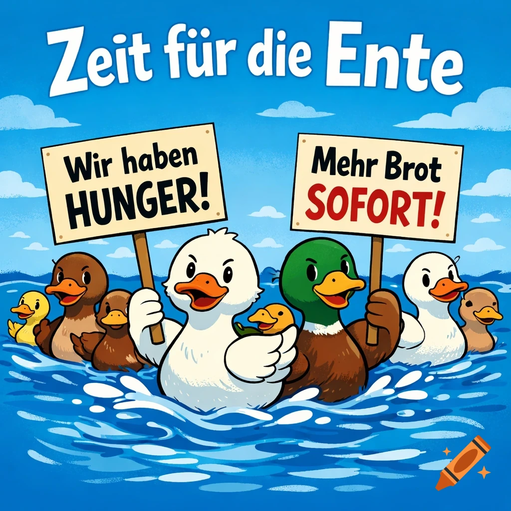 Cartoon illustration of ducks protesting in blue water with signs reading "Wir haben Hunger!" and "Mehr Brot SOFORT!", and "Zeit f r die Ente" above.