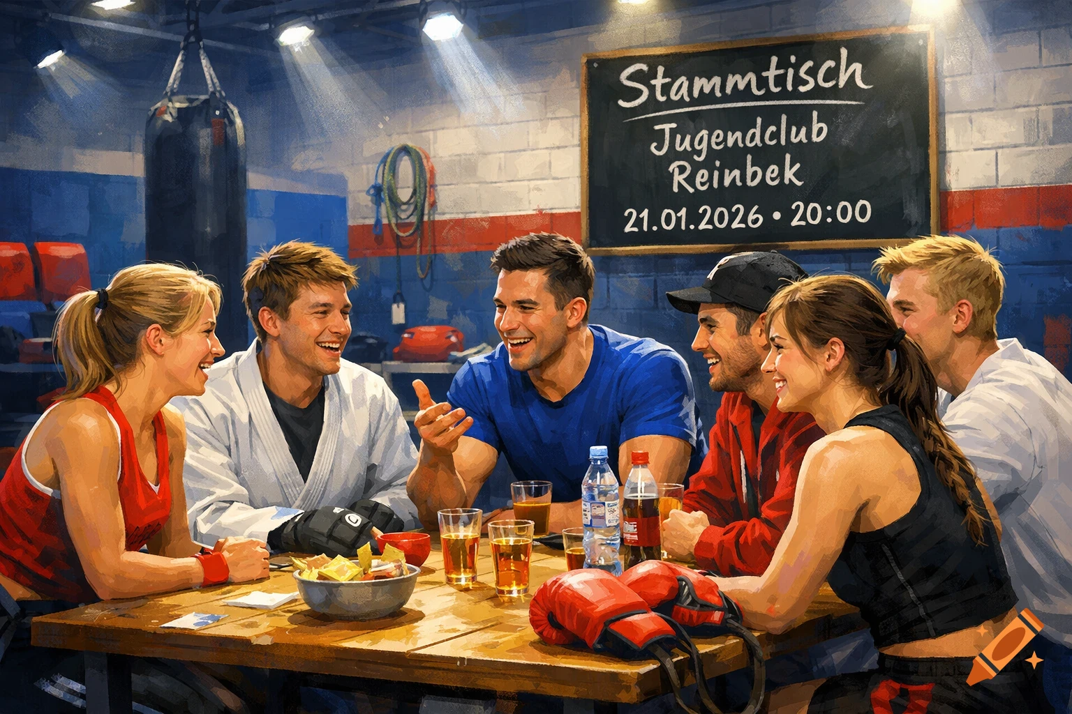 An illustration shows a diverse group of young adults laughing around a wooden table in a gym, with a blackboard and boxing equipment in the background.