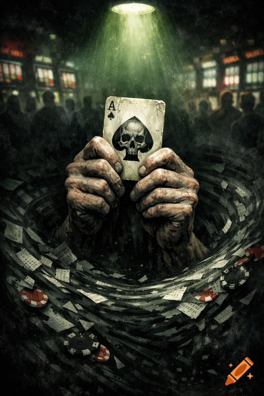 Gnarled hands rise from a vortex of cards and chips, holding an Ace of Spades with a skull, under a green spotlight in a dark casino.