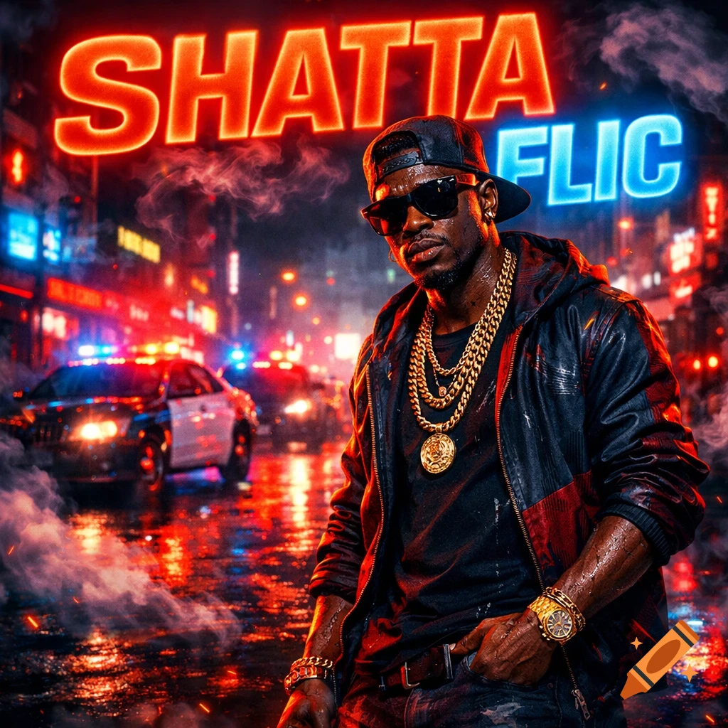 A man in streetwear with gold chains and sunglasses stands on a neon-lit urban street at night with police cars in the background. 'SHATTA FLIC' text glows above.