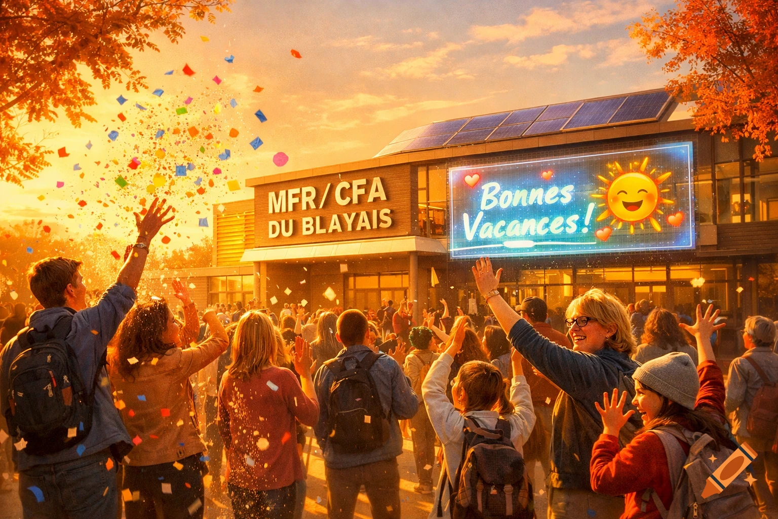 A vibrant photo of a crowd celebrating with confetti in front of a school building with 'Bonnes Vacances!' on a digital screen at sunset.