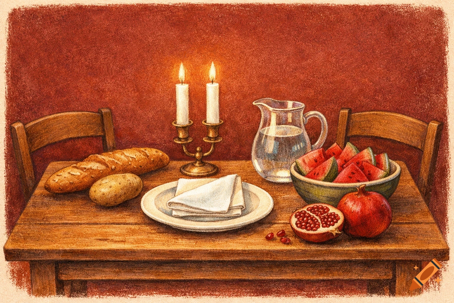 Hand-drawn illustration of a wooden table set for dinner with lit candles, a baguette, potato, water, watermelon, pomegranate, and plate against a red background.