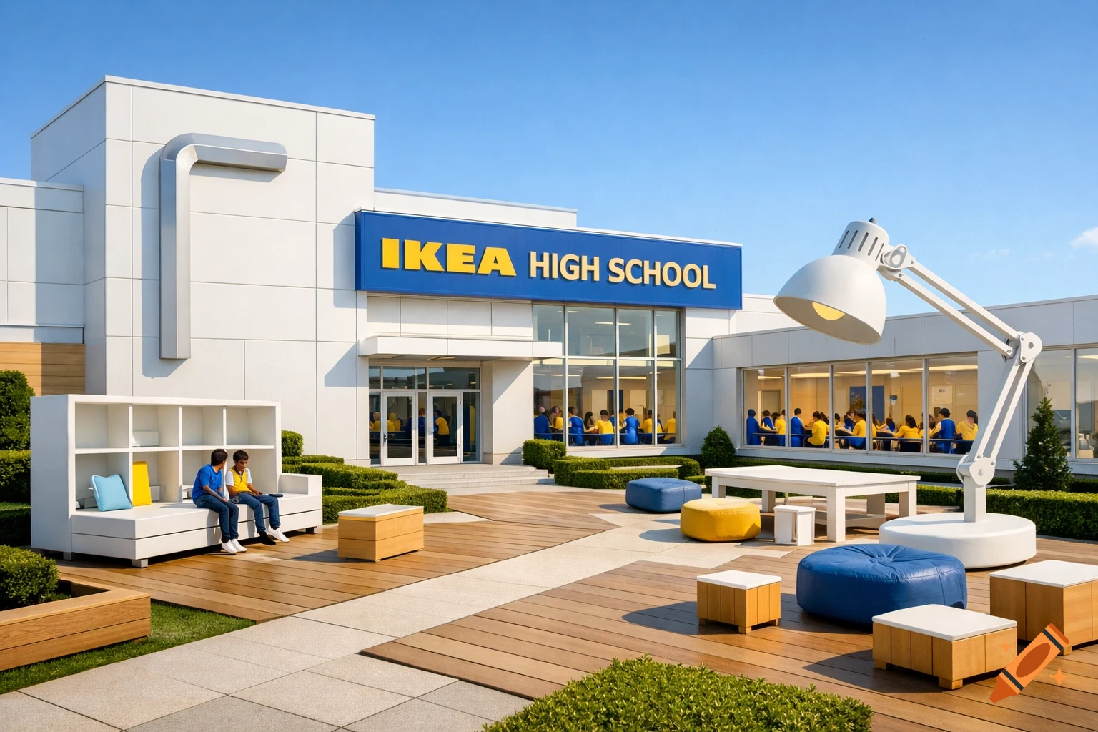 Photorealistic image of a modern, white "IKEA High School" building with a large blue sign and a giant white desk lamp outside. Students sit on outdoor furniture.