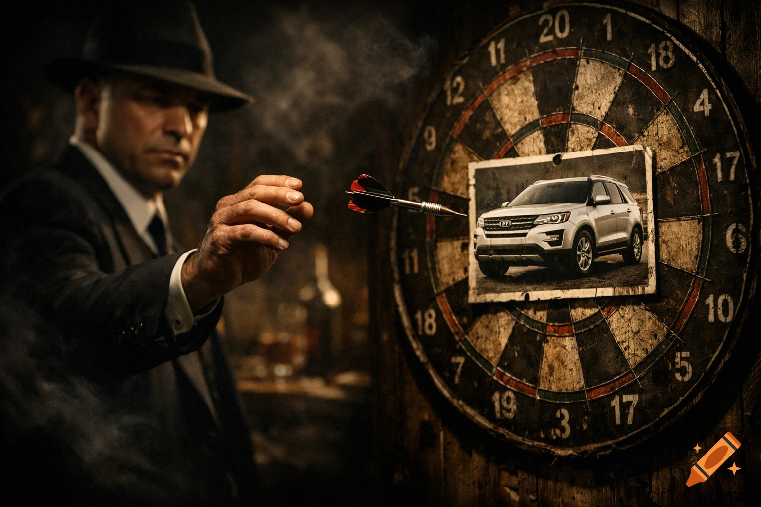 A man in a fedora and suit throws a dart at a dartboard, which has a picture of a white SUV pinned to it, in a smoky, darkly lit room.