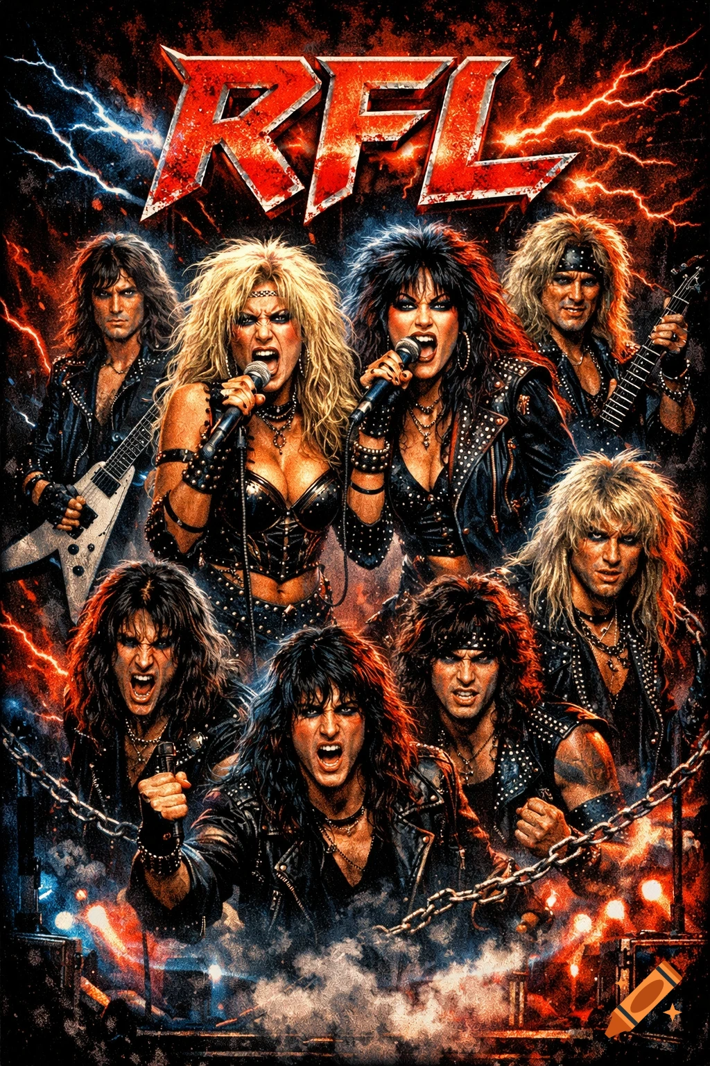 A vibrant 80s heavy metal concert poster featuring an 8-member band, with two female vocalists, guitars, and lightning. The band name RFL is at the top.