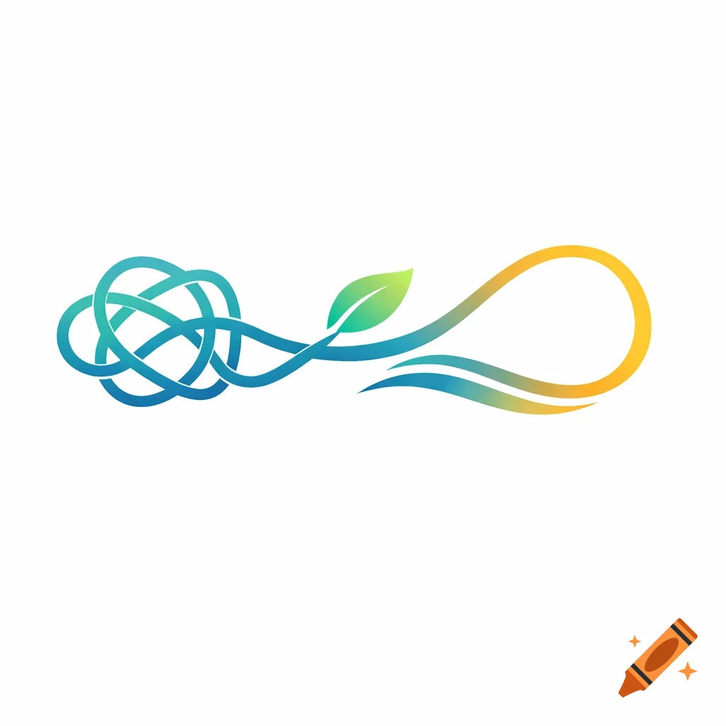 Abstract logo with tangled blue lines flowing into a green leaf and a yellow-orange infinity symbol.