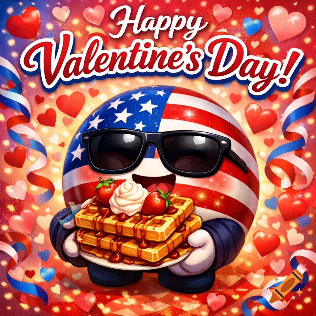 A smiling cartoon USAball character in sunglasses holds a plate of waffles with strawberries and whipped cream. The background is red with hearts and ribbons, and says "Happy Valentine's Day!"