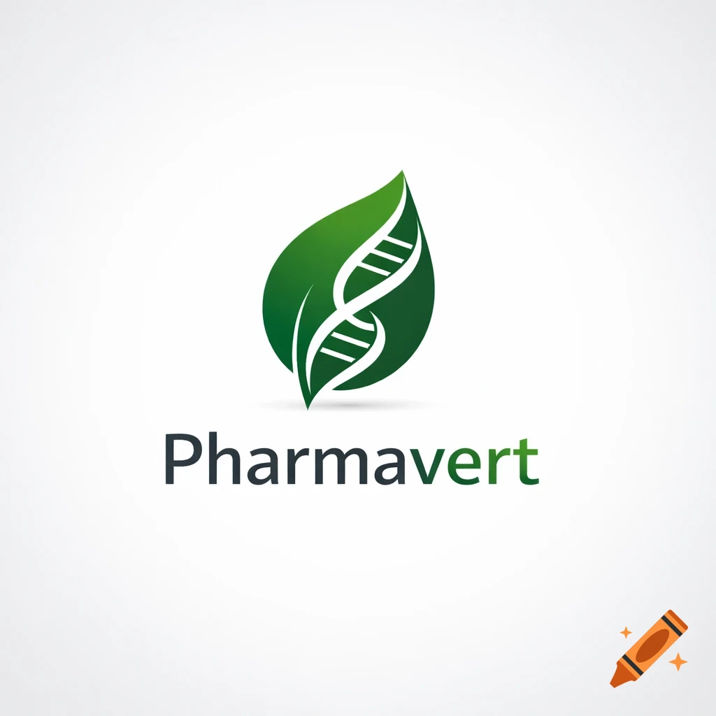 Logo with a green leaf containing a white DNA helix, and the word Pharmavert in dark grey and green text.