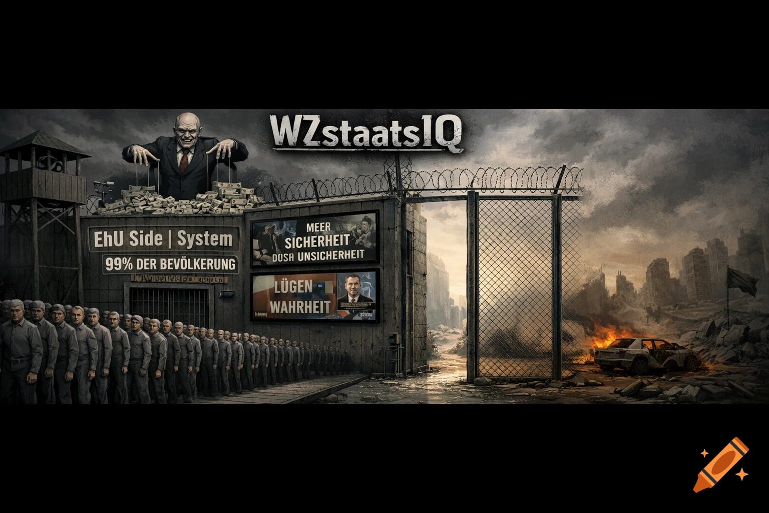 A satirical political cartoon showing a puppet master over a queue of people in a dystopian city, with propaganda signs and a burning car.