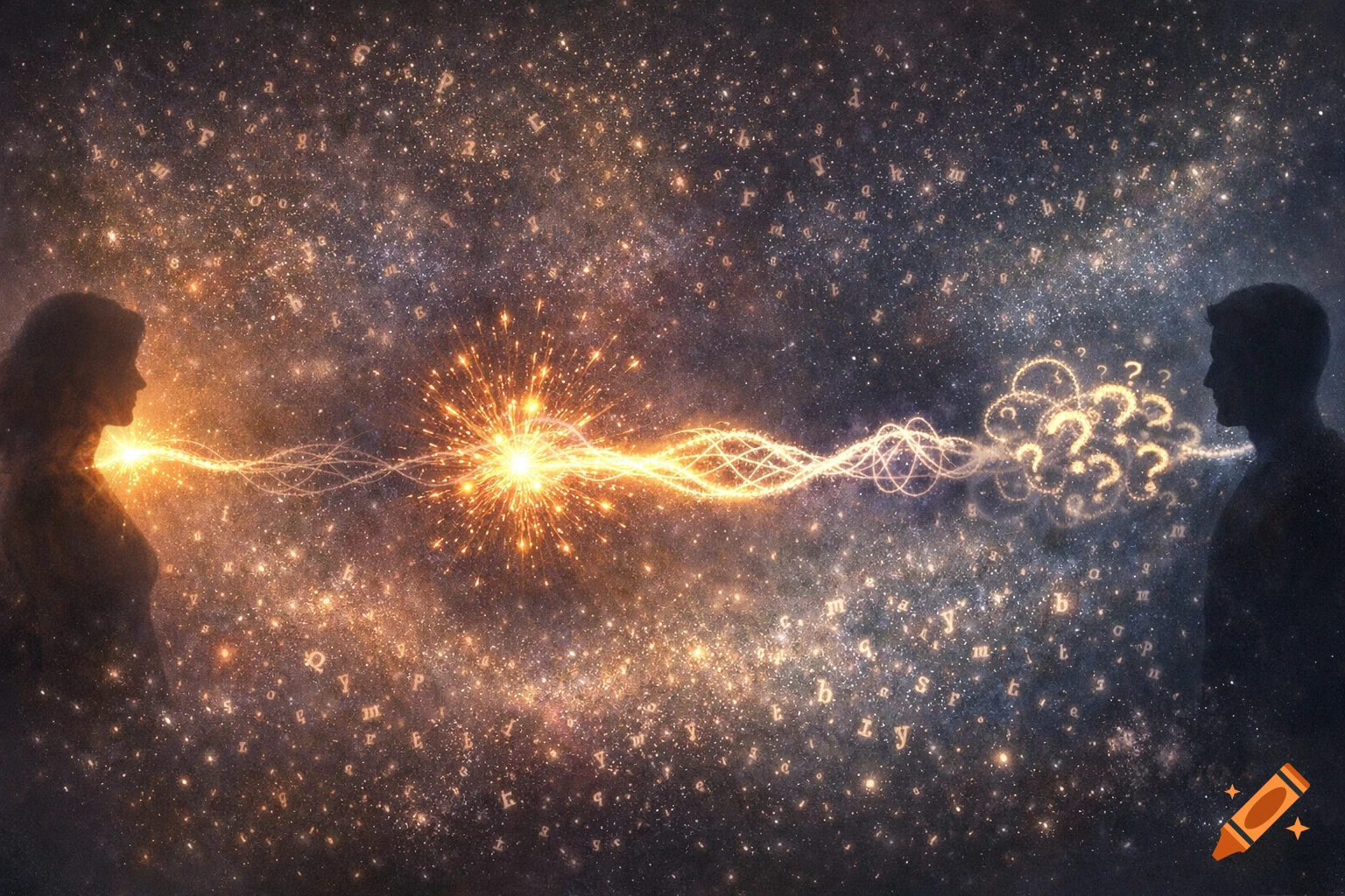 Silhouettes of a man and woman face each other, connected by a glowing golden energy thread amidst a star-filled background with luminous letters and question marks.