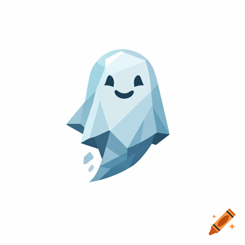 A friendly, light blue, low-poly ghost with a happy face, against a white background.
