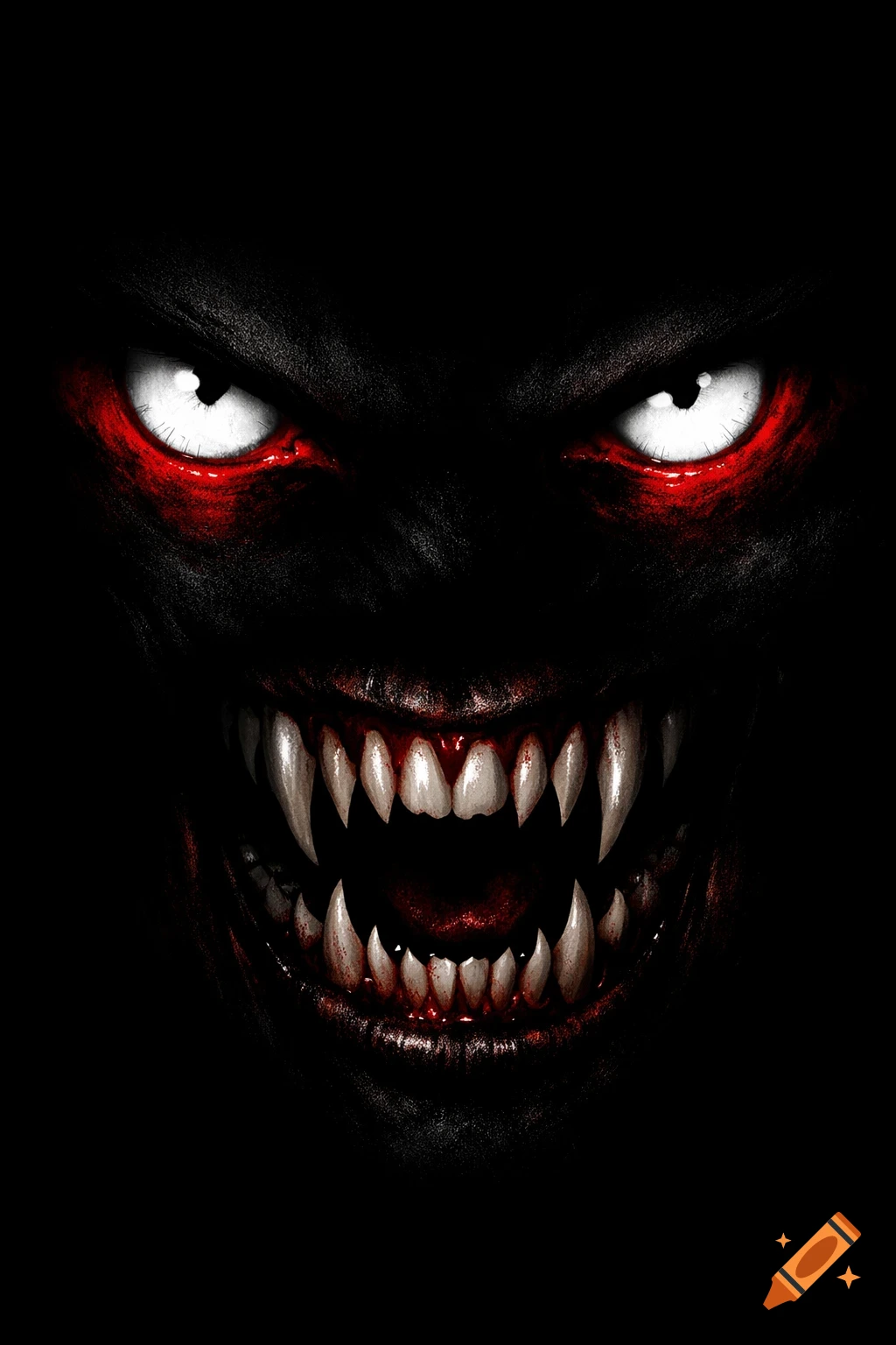 Close-up of a snarling monster with glowing red eyes, white irises, and sharp fangs, mostly concealed by dark shadows.