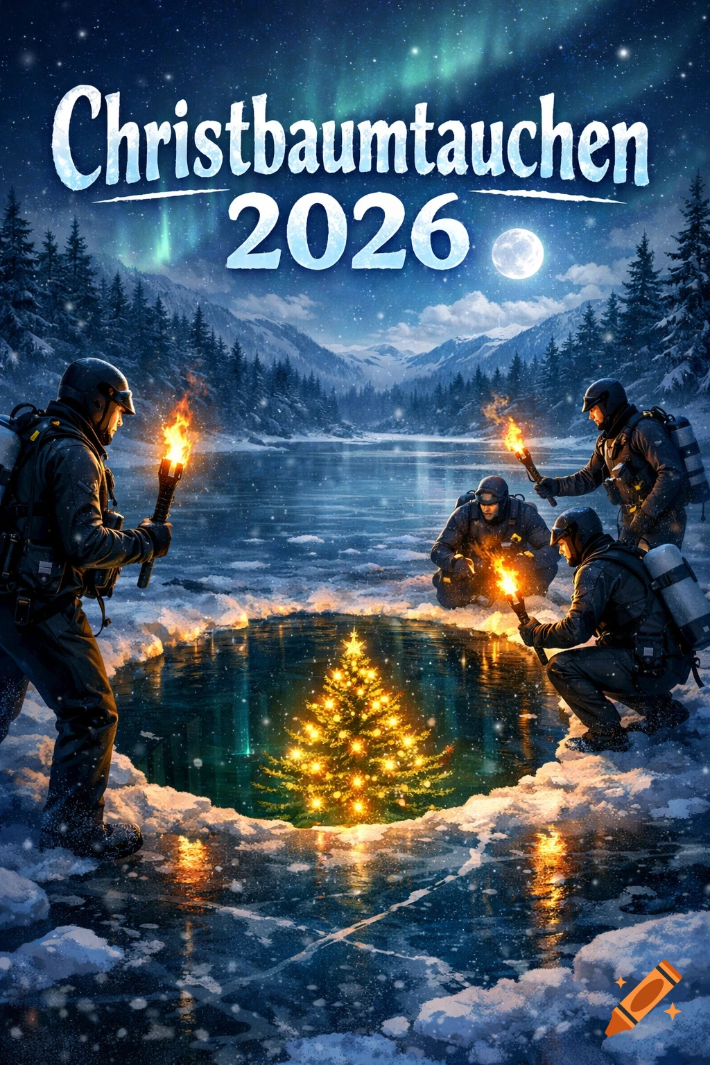 Four divers with torches surround a glowing Christmas tree in a hole in a frozen lake under a starry night sky. Text: Christbaumtauchen 2026.