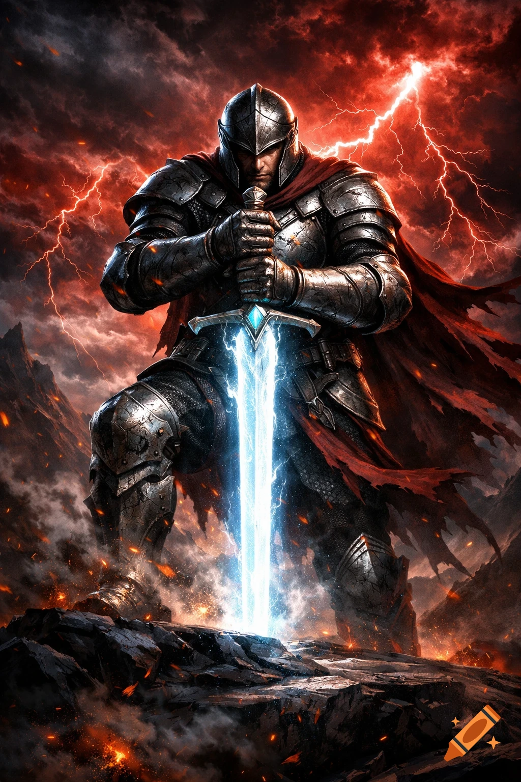 A heavily armored knight stands heroically, gripping a glowing blue sword amid a fiery, lightning-filled storm.