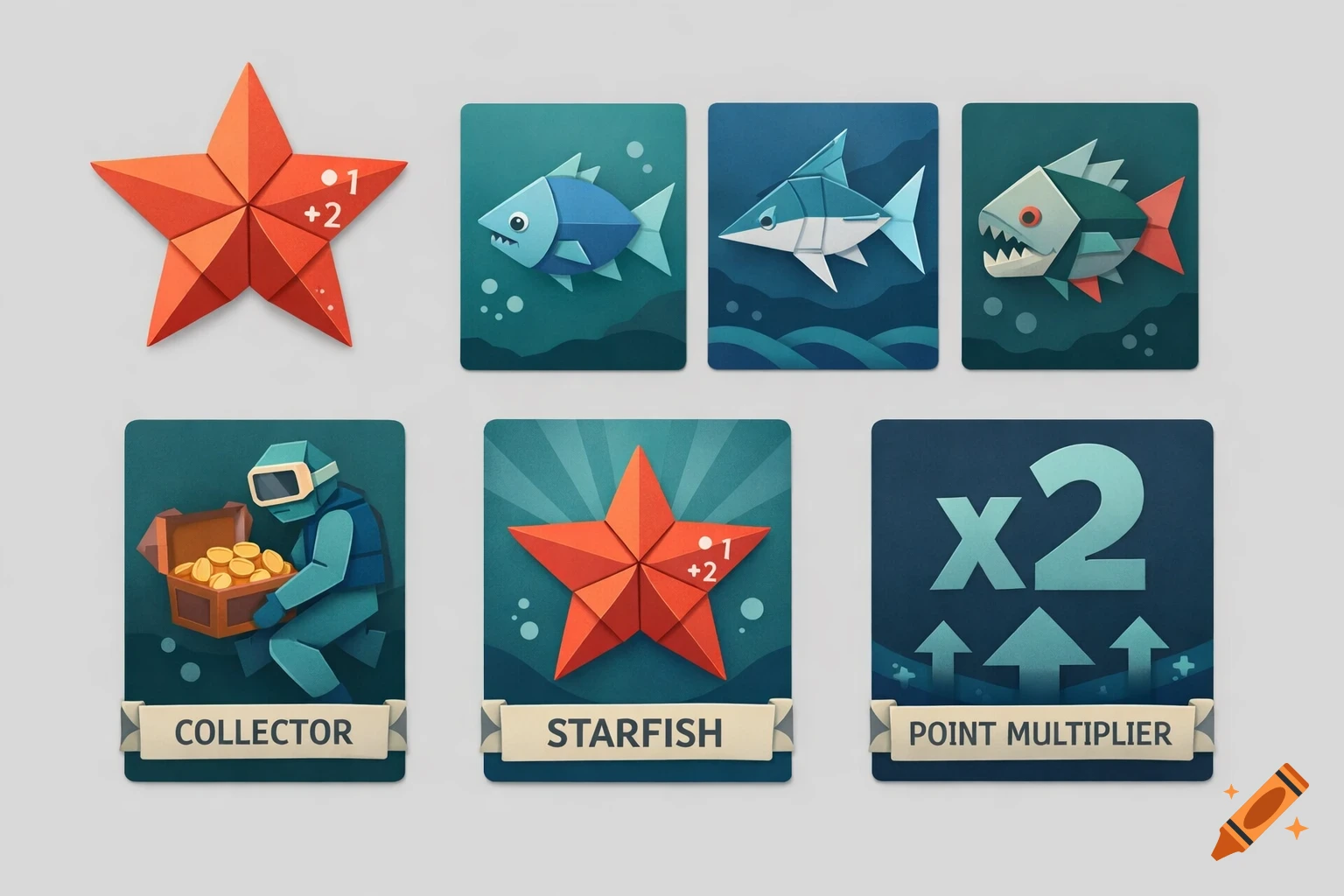 Origami-style card game assets including fish cards, a collector card, starfish cards, and a point multiplier card on a gray background.