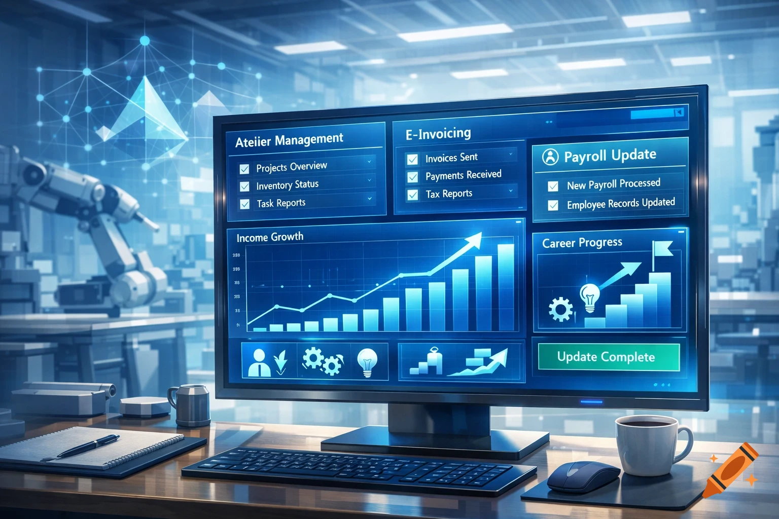 A computer monitor displaying various blue-themed business dashboards for management, invoicing, payroll, income growth, and career progress, set on an office desk with a robotic arm in the background.