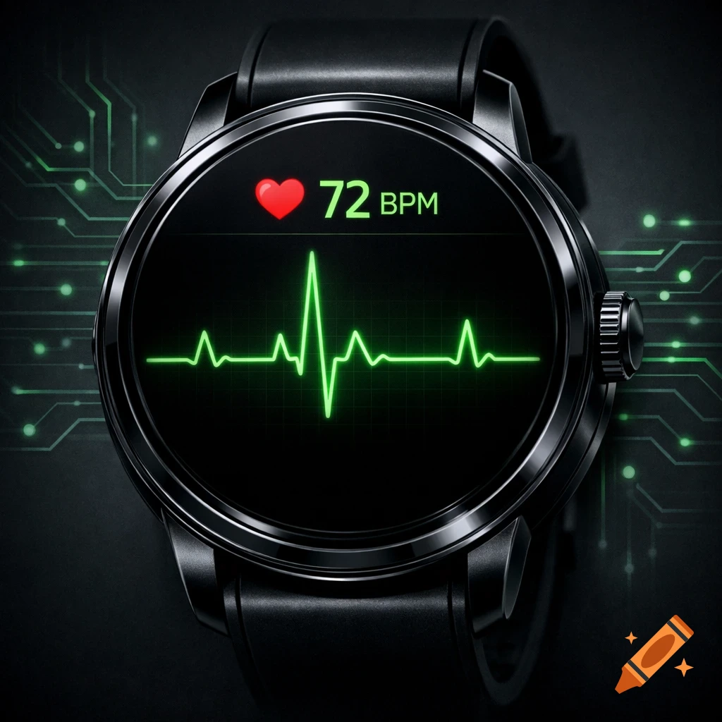 Close-up of a black smartwatch displaying a green ECG waveform and a red heart icon with '72 BPM' on its screen.
