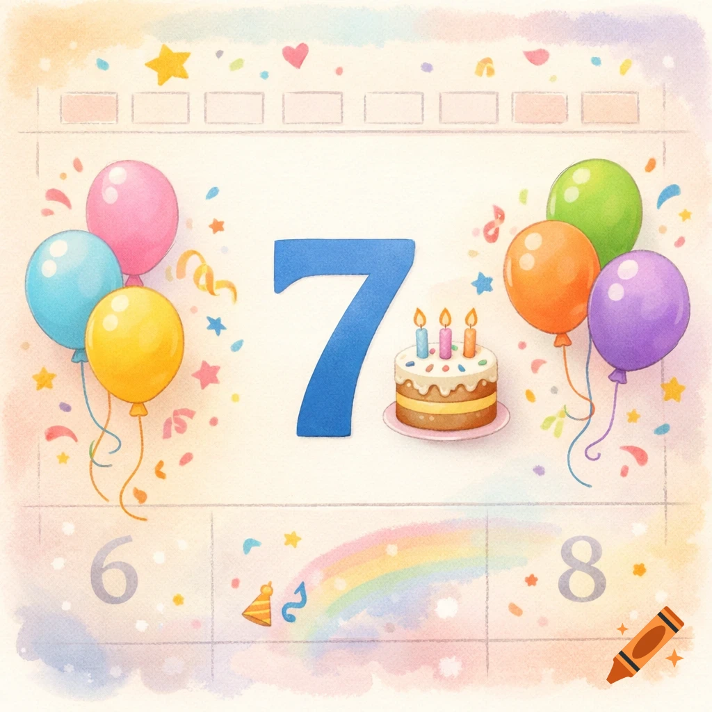 A watercolor-style calendar showing the number 7, decorated with balloons, confetti, and a small birthday cake with lit candles. The numbers 6 and 8 are faintly visible on either side of the 7.